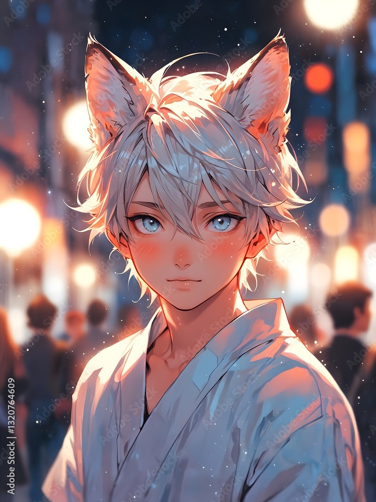 An anime-style illustration of a boy with cat ears, wearing traditional attire, set against a vibrant city backdrop with a glowing atmosphere. An anime-style illustration of a boy with cat ears, wearing traditional attire, set against a vibrant city backdrop with a glowing atmosphere.
