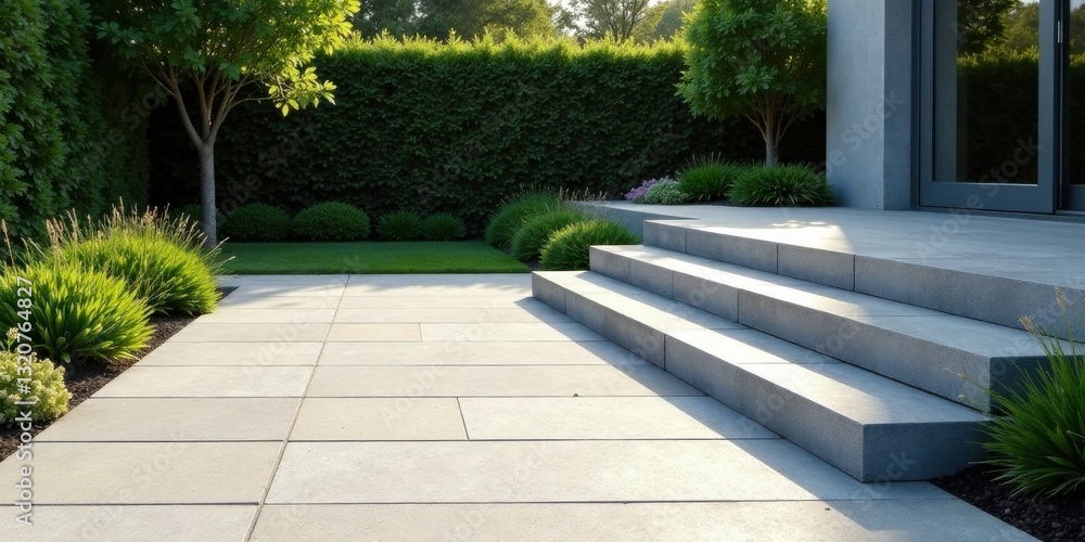 Obraz premium Serene outdoor patio design with contemporary stone steps leading to a tranquil garden featuring lush greenery and neatly trimmed hedges.