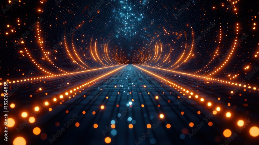 Fototapeta premium A futuristic tunnel, illuminated by glowing orange and blue lights. Detailed patterns and particles create a dynamic, vibrant visual effect