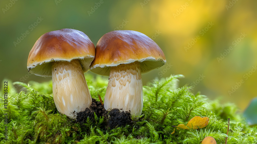Close-up of Two Mushrooms on Green Mossy Forest Floor Close-up of Two Mushrooms on Green Mossy Forest Floor