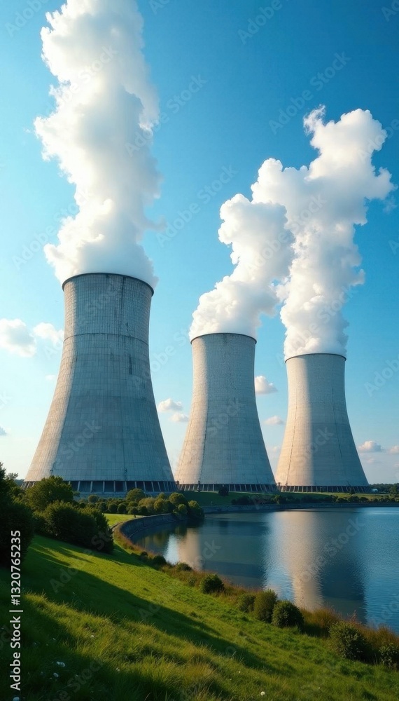 Vast industrial complex, nuclear plant, cooling towers, blue sky, energy production, industrial area Vast industrial complex, nuclear plant, cooling towers, blue sky, energy production, industrial area