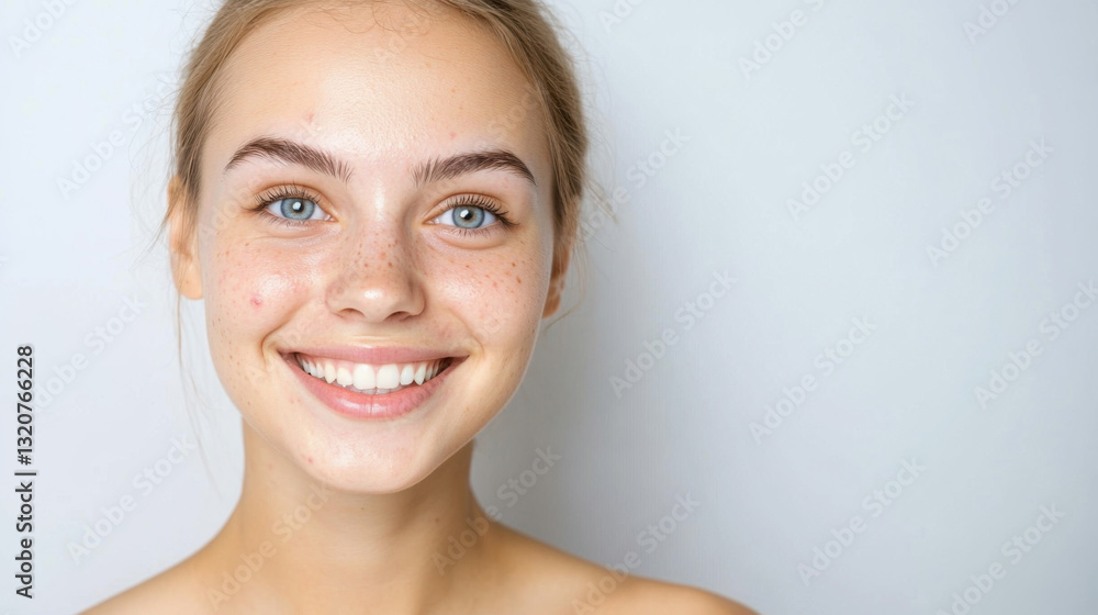 young woman with freckles and acne smiles confidently against plain background, promoting self acceptance and natural beauty young woman with freckles and acne smiles confidently against plain background, promoting self acceptance and natural beauty
