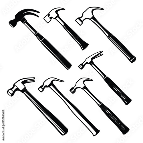 Silhouettes of Nine Different Hammers – Minimalist Tool Icons with Various Head and Handle Designs