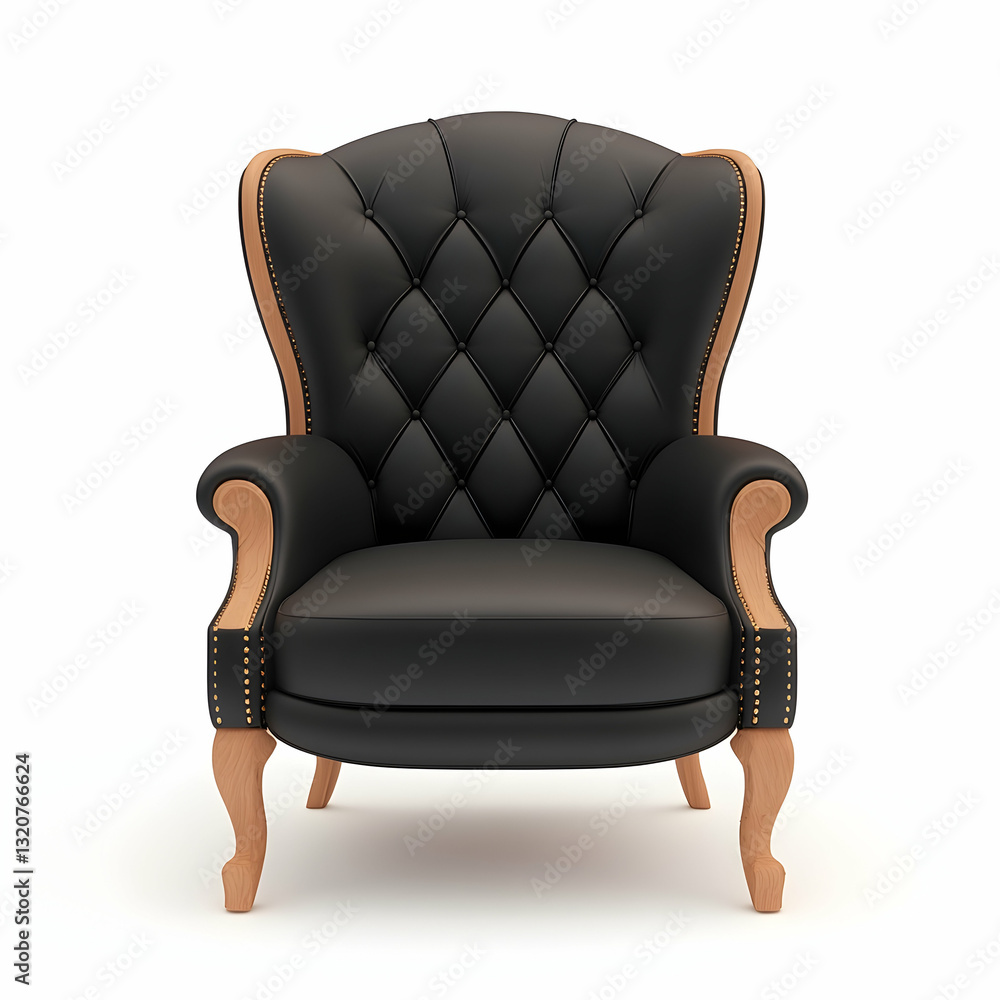Elegant Black Leather Armchair with Wooden Legs and Classic Design Elegant Black Leather Armchair with Wooden Legs and Classic Design