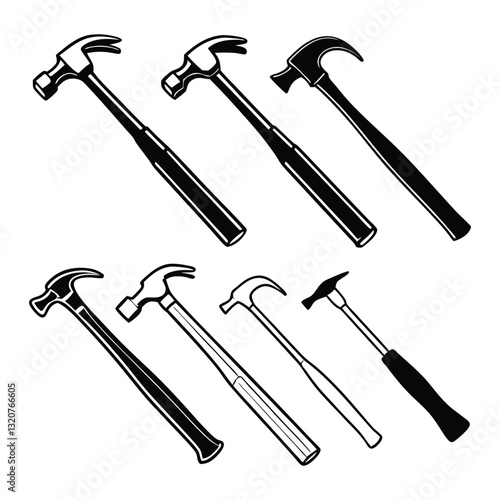 Silhouettes of Nine Different Hammers – Minimalist Tool Icons with Various Head and Handle Designs