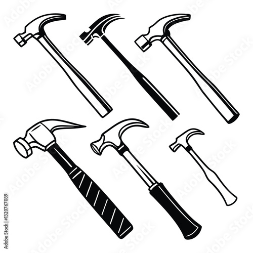 Silhouettes of Nine Different Hammers – Minimalist Tool Icons with Various Head and Handle Designs