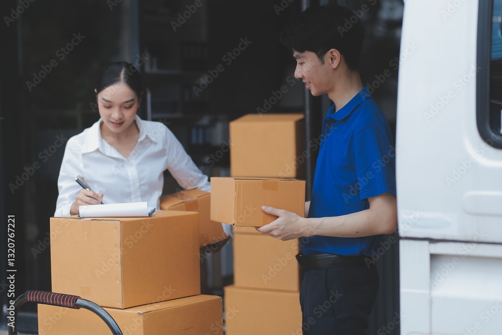 Truck Mover Unloading Van Carrying Boxes And Moving House Truck Mover Unloading Van Carrying Boxes And Moving House