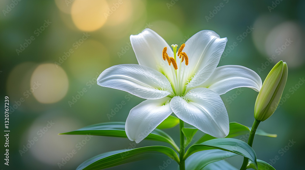 Fototapeta premium White Lily Flower with Green Background and Soft Blurred Effect