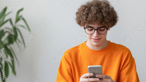 Wallpaper Mural teenager with curly hair and glasses wearing orange sweater looks at their smartphone, appearing focused and relaxed, with plant in background Torontodigital.ca