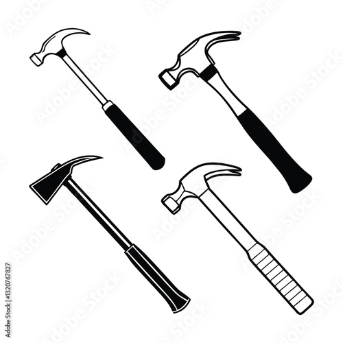 Silhouettes of Nine Different Hammers – Minimalist Tool Icons with Various Head and Handle Designs
