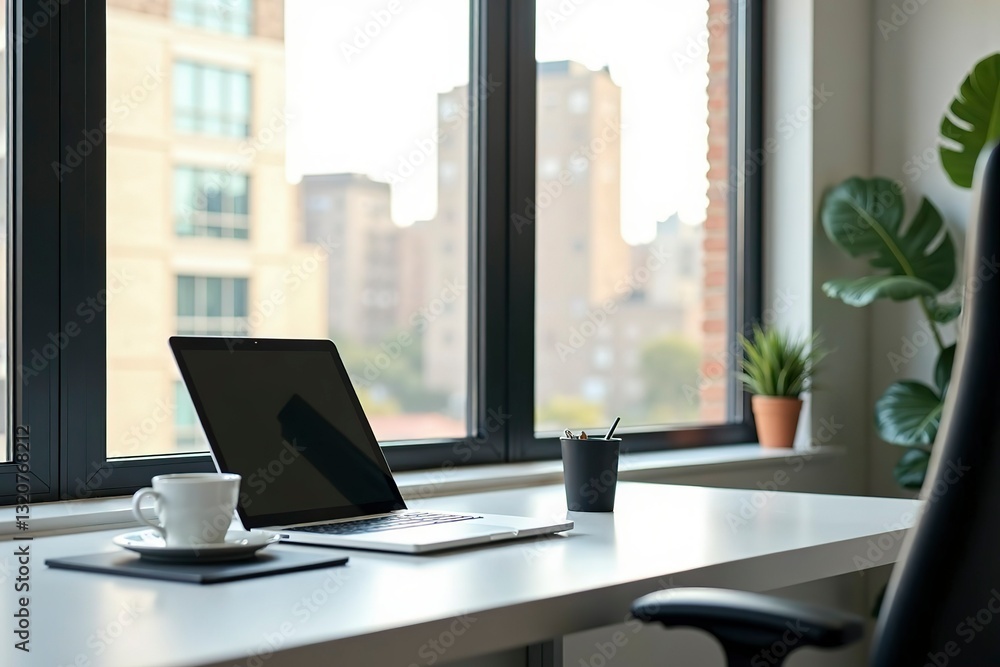 custom made wallpaper toronto digitalMinimalist office desk with natural light, blurred cityscape outside; simplicity and focus in a modern workspace.