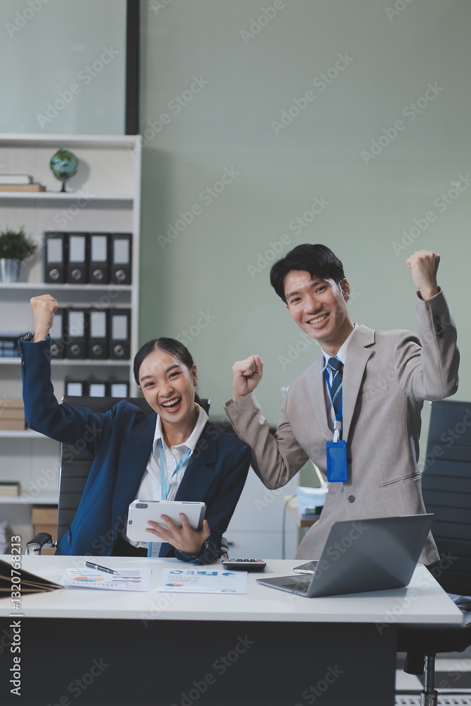 Group of Asia young creative people in smart casual wear discussing business celebrate giving five after dealing feeling happy and signing contract or agreement in office. Coworker teamwork concept. Group of Asia young creative people in smart casual wear discussing business celebrate giving five after dealing feeling happy and signing contract or agreement in office. Coworker teamwork concept.