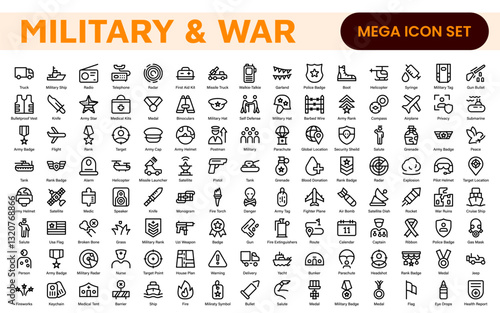 Military & War Icon Set. A powerful collection of icons representing defense and combat themes, perfect for enhancing educational materials, military websites, and historical projects.