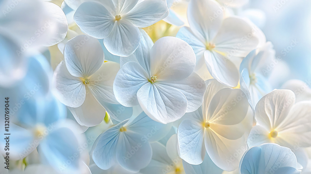 Obraz premium Delicate natural floral background in light blue and yellow pastel colors. Texture of Hydrangea flowers in nature with soft focus, macro.