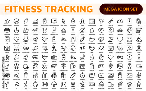Fitness Tracking Exercise Icons – Modern Outline Symbol Set for Training and Performance Monitoring