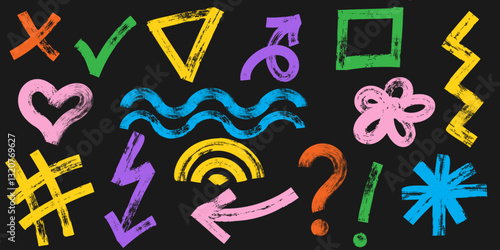 Collection of colorful charcoal graffiti doodle punk and girly shapes. Bold marker brush drawn various doodle elements for templates and collages. Punk and grunge style.