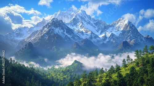 Wallpaper Mural Crystal Clear Blue Sky Over Snow-Capped Mountains with Misty Cloud Sea, Lush Green Trees at the Base Torontodigital.ca