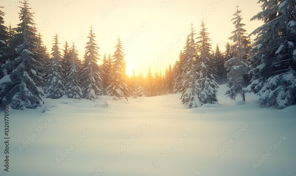 Snow-covered landscape with evergreen trees and a golden sunset in the background. Snow-covered landscape with evergreen trees and a golden sunset in the background.