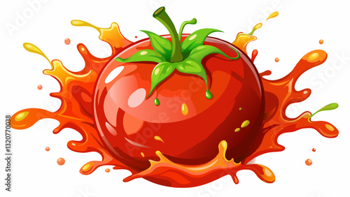 Red tomato with juice or ketchup splash isolated on white background,3d rendering.