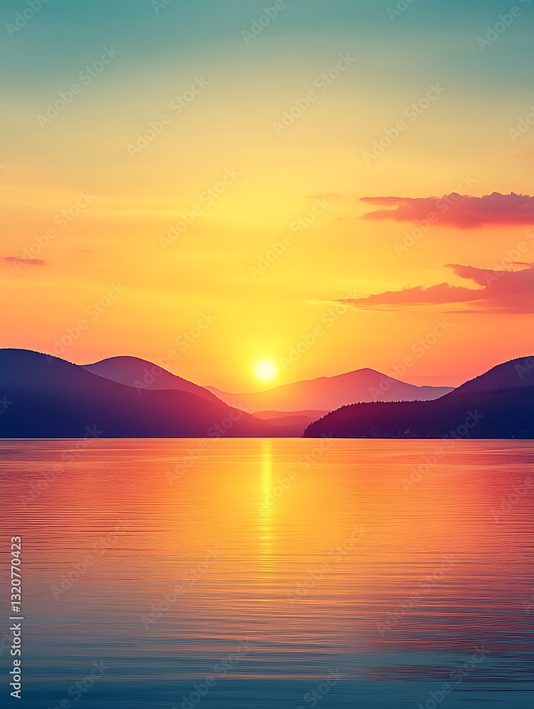 Fototapeta premium Spectacular golden sunset view over tranquil lake and mountain silhouettes