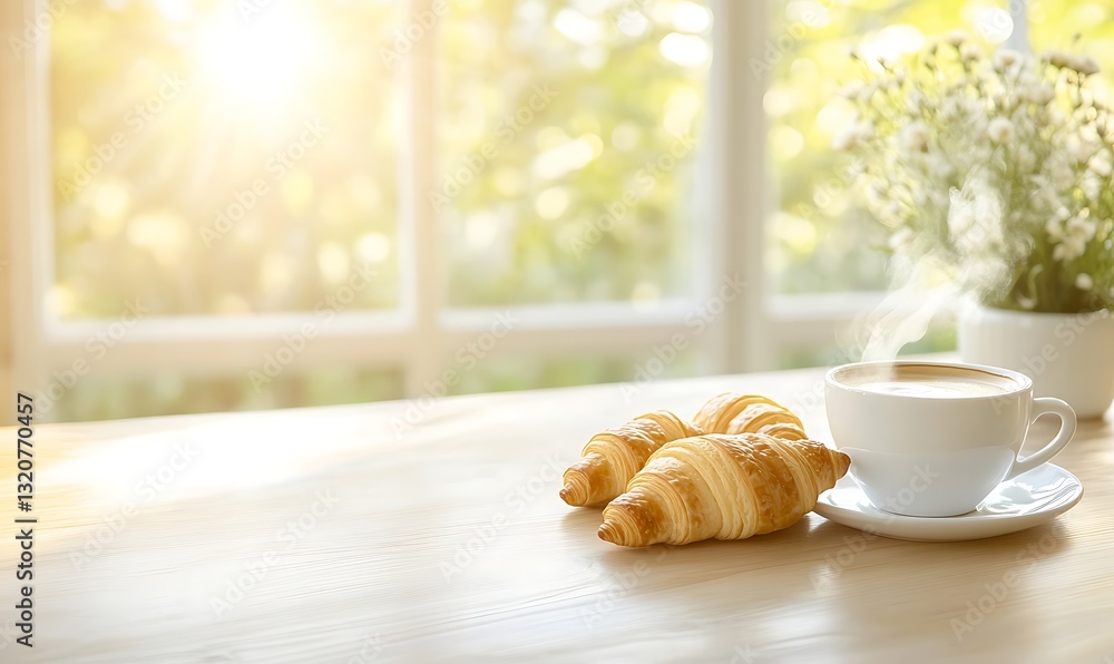 Cozy breakfast scene with coffee and croissants in sunny indoor setting.