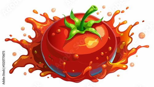 Red tomato with juice or ketchup splash isolated on white background,3d rendering.