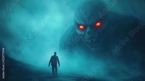 Translucent demon with red eyes and scaly skin, embodying cunning and malevolence in a dark, mystical realm.