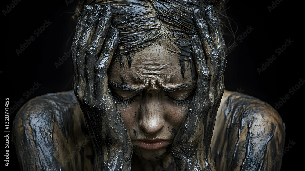 Emotional Portrait of a Woman with Dark Paint on Face and Body Emotional Portrait of a Woman with Dark Paint on Face and Body