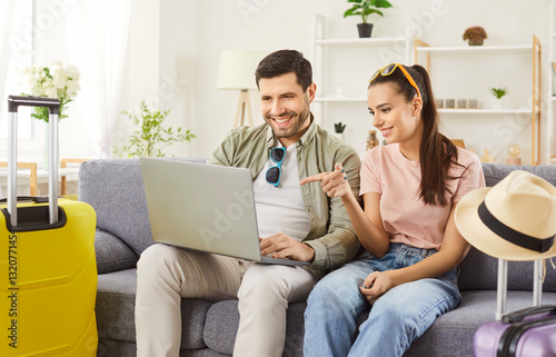 Air ticket, hotel booking service online, newlywed couple choosing tourists suitcases packed, wheel luggage, summer beach wear hat, ready enjoying tourism, voyage, trip vacation, honeymoon planning