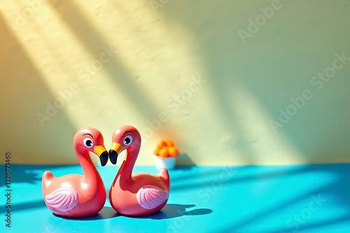 Two flamingo toys on a vibrant orange and blue background, radiating joy and optimism.