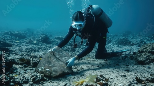 A diver collects plastic waste from the seabed using a mesh bag, contributing to ocean conservation and marine sustainability