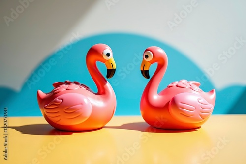 Two flamingo toys on a vibrant orange and blue background, radiating joy and optimism.
