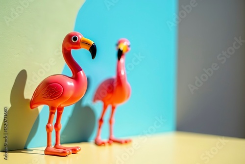 Two flamingo toys on a vibrant orange and blue background, radiating joy and optimism.