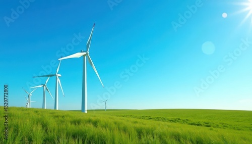 Clean energy wind turbines, blue sky backdrop, field, energy production, ecology