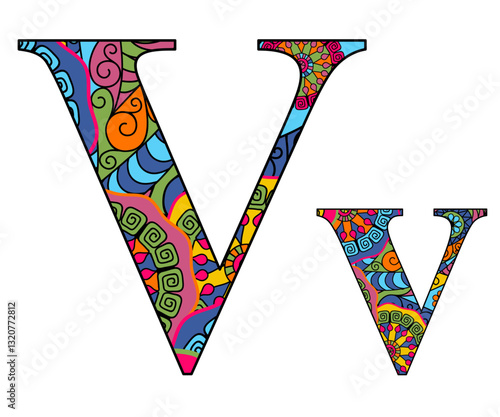 Vector image letter of the English alphabet with colorful vintage hand drawn pattern isolated on transparent background