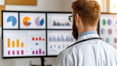 A healthcare professional analyzes data on multiple screens in an office setting.