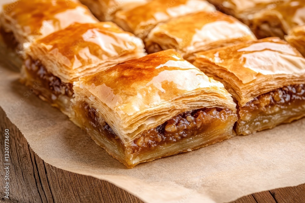 Delicious Layers of Golden Baklava with Nuts Resting on Rustic Wooden Background Delicious Layers of Golden Baklava with Nuts Resting on Rustic Wooden Background