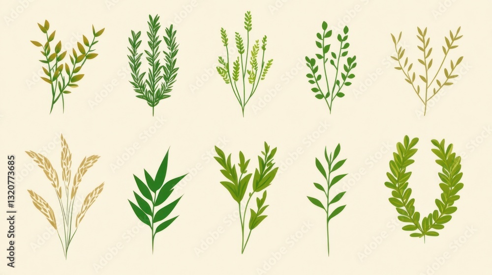 Collection of stylized botanical elements, various greens, light background. Possible use Illustration for book cover, nature-themed design projects Collection of stylized botanical elements, various greens, light background. Possible use Illustration for book cover, nature-themed design projects
