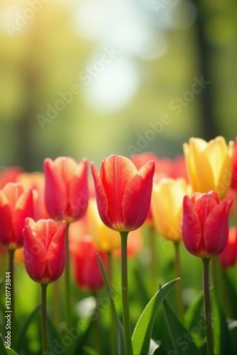 Vibrant Spring Blossoms in a Sunlit Garden, Displaying Delicate Petals and Lush Green Foliage
