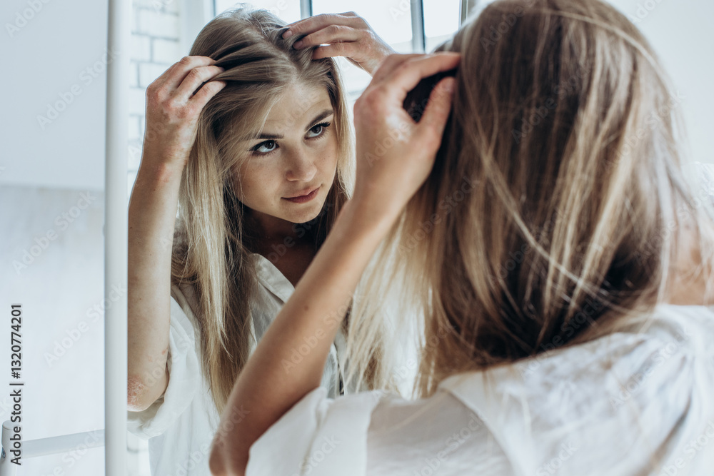 Fototapeta premium Skin problem. Beautiful woman with problem of hair, hands, body skin, head.