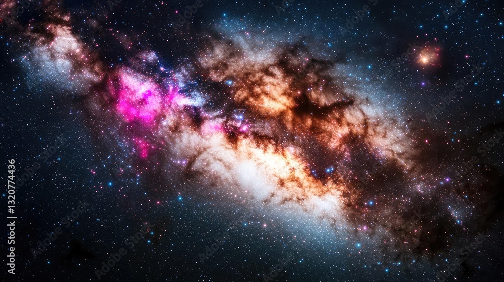 Fototapeta premium Dark sky concept. Vibrant galaxy showcasing colorful nebulae and star formations in deep space.
