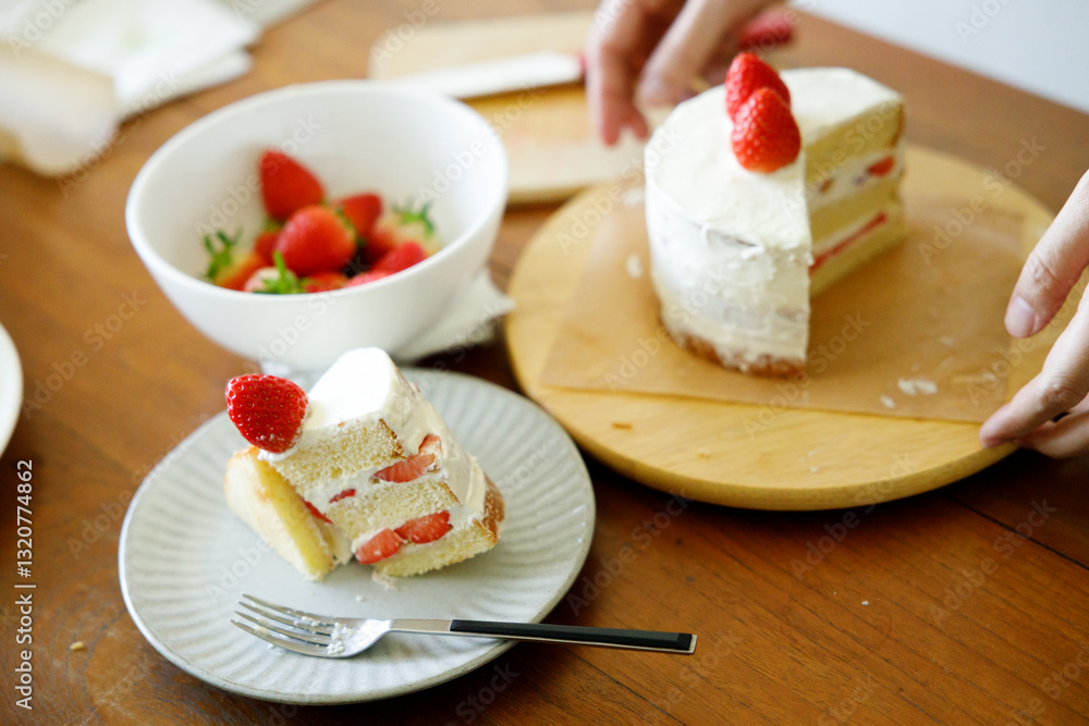 Homemade strawberry shortcake topped with fresh strawberries. Homemade strawberry shortcake topped with fresh strawberries.