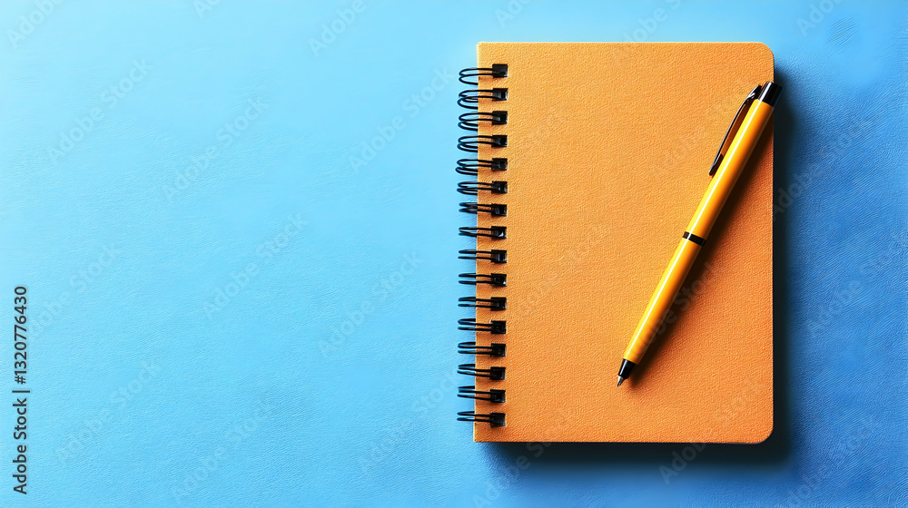 Orange Notebook and Yellow Pen on Blue Background Surface Orange Notebook and Yellow Pen on Blue Background Surface
