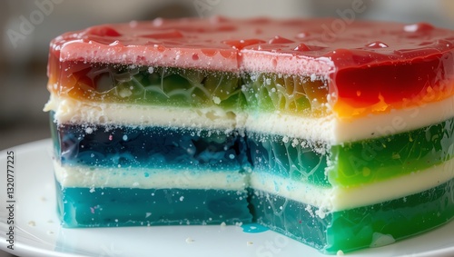 Colorful layered gelatin dessert showcasing vibrant hues and delightful textures on a white plate. photo