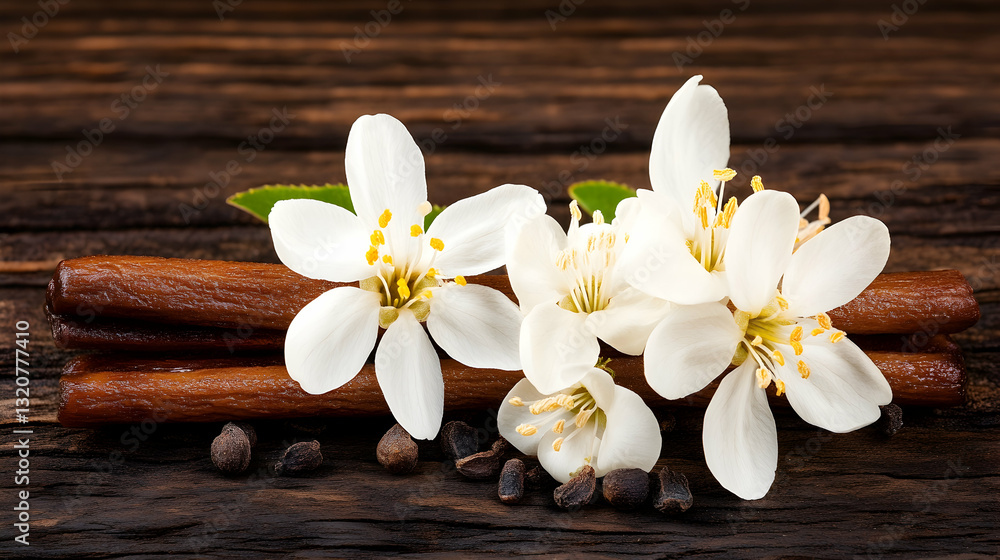 Elegant White Flowers with Cinnamon Sticks on Rustic Wooden Surface Elegant White Flowers with Cinnamon Sticks on Rustic Wooden Surface