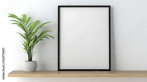 Blank frame on a shelf with a plant in a pot, set against a textured wall.