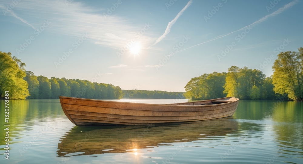 Obraz premium Wooden Boat on Calm Lake Under Sunny Sky