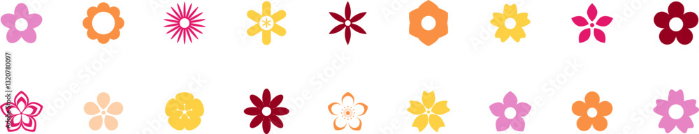 Fototapeta premium Hippy groovy daisy flowers set. Retro vintage style, Easter, spring hand drawn decorative elements. Set of simple flat flower icons. Apple, cherry, plum, apricot, blossoms vector. Kids cute decor.