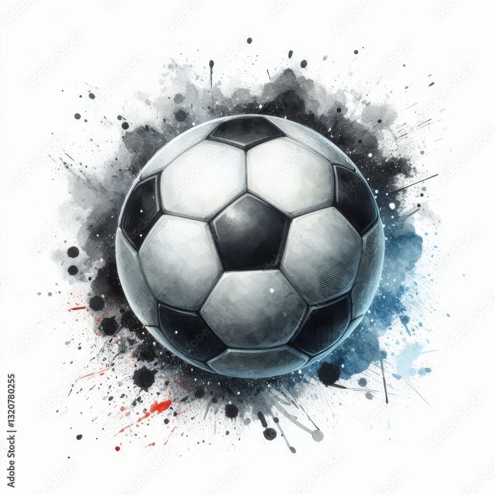 Fototapeta premium Soccer ball with black and white watercolor splashes. Abstract football illustration with ink splatters. Dynamic sports artwork for design