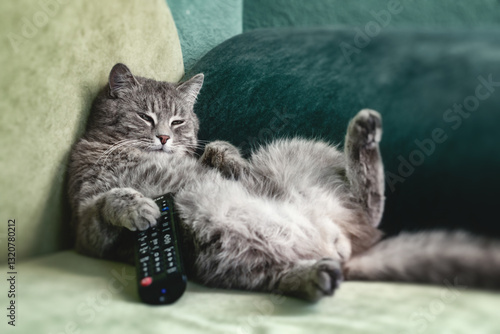 Funny gray cat lying on the couch, holding the TV remote control in its paws. Symbolizes laziness, rest, relaxation, weekends and home comfort. Funny cats.
